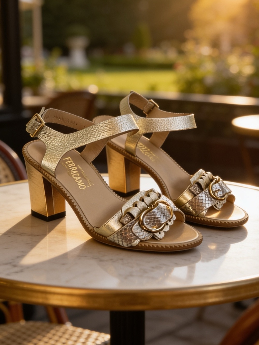 New Salvatore Ferragamo Metallic Gold Braided Buckle Block-Heel Sandals size 9